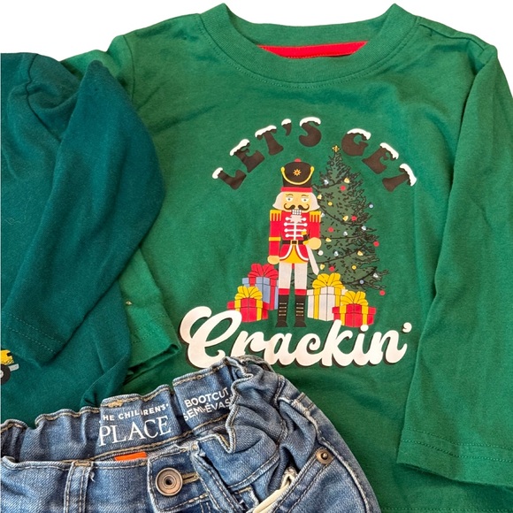The Children's Place 2 Green Holiday‎ Shirts and Blue Jeans Kids Matching Set - Picture 4 of 4